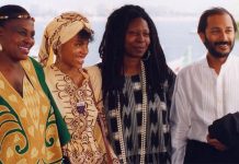 Miriam Makeba, Leleti Khumalo, Whoopi Goldberg and Anant Singh at the World Premiere of SARAFINA! at the Cannes Film Festival in 1992