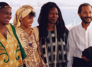Miriam Makeba, Leleti Khumalo, Whoopi Goldberg and Anant Singh at the World Premiere of SARAFINA! at the Cannes Film Festival in 1992