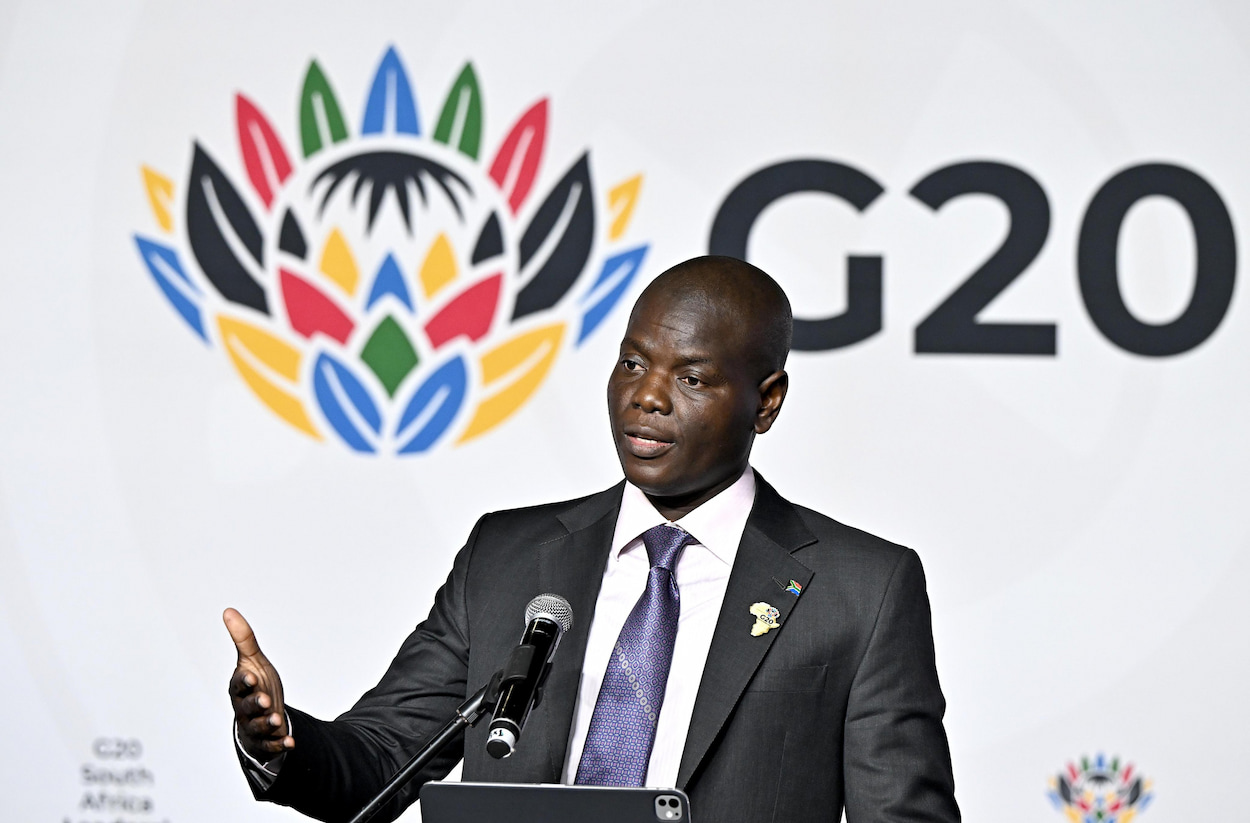 Minister of International Relations and Cooperation Ronald Lamola during a media briefing for the G20 Summit in South Africa on 17 November 2025. The image accompanies at article on diplomatic immunity being extended to G20 leaders and officials