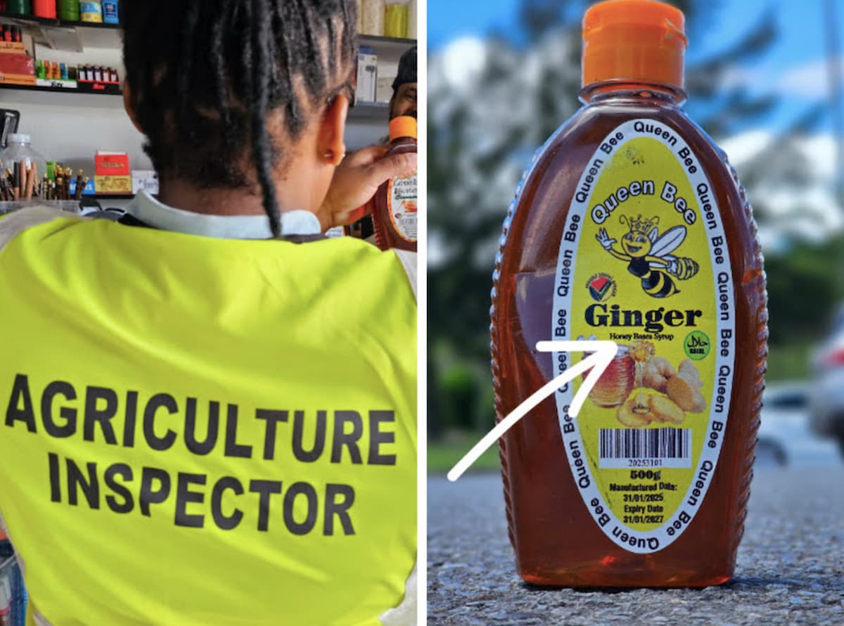 Composite image of an agriculture inspector and a bottle of fake honey. Image accompanies article about fake honey in south africa