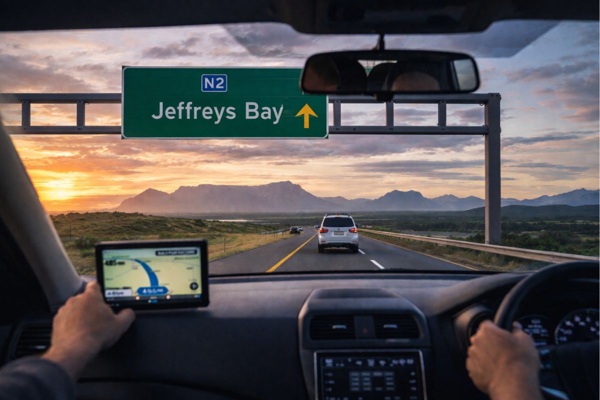 Cape Town to Jeffreys Bay Road trip. The sign says Jeffreys Bay
