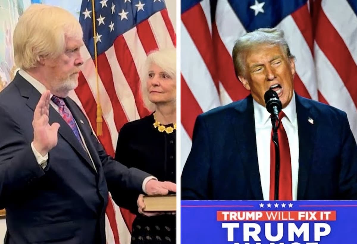 Customised image of Leo Brent Bozell III, taking his oath, and Donald Trump. This image accompanies profile article about ambassador bozell and his designation to South Africa