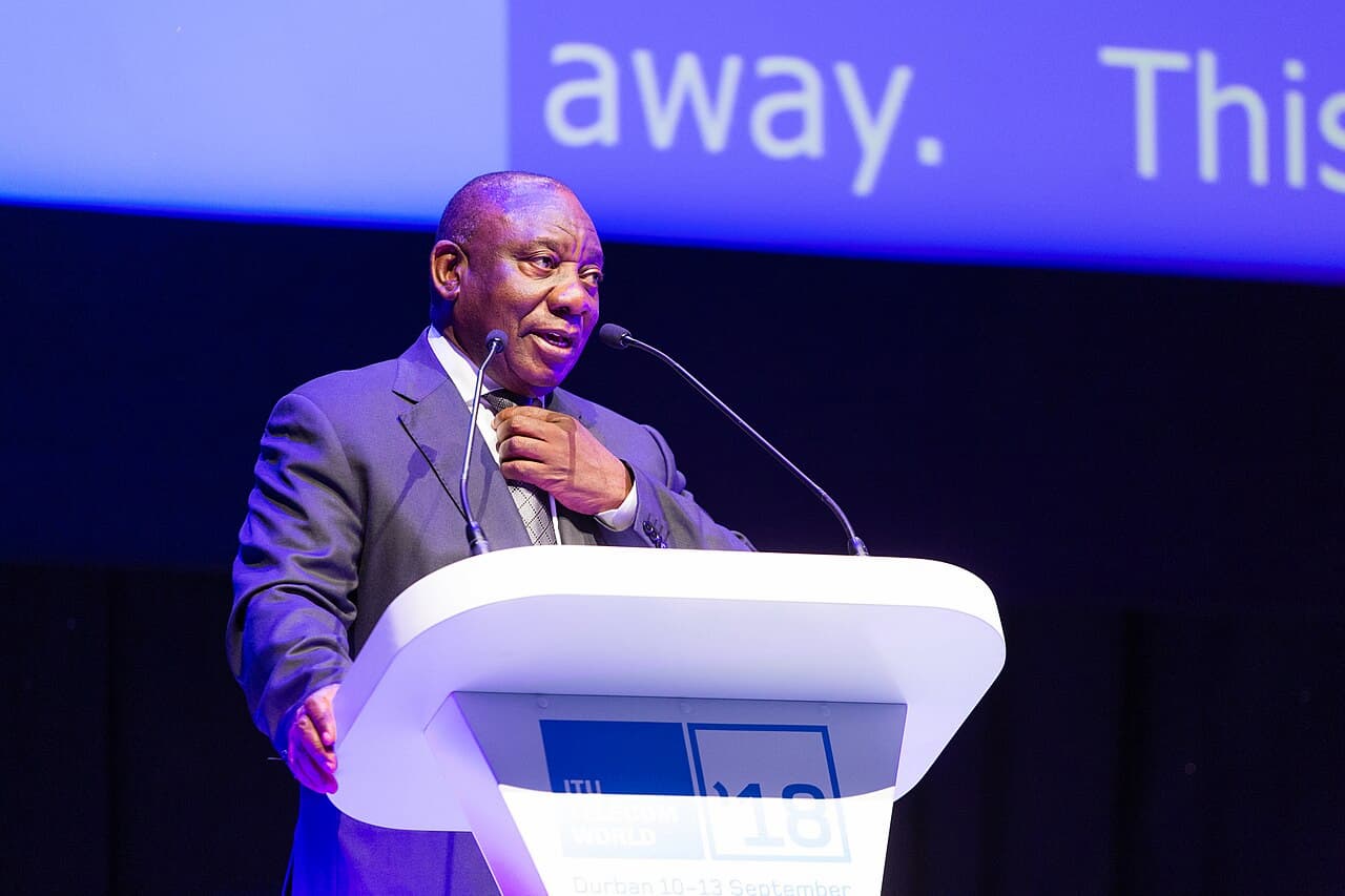 President Cyril Ramaphosa at ITU Telecom World in 2018. This image accompanies an article about South Africa expelling a top Israeli diplomat from South Africa.