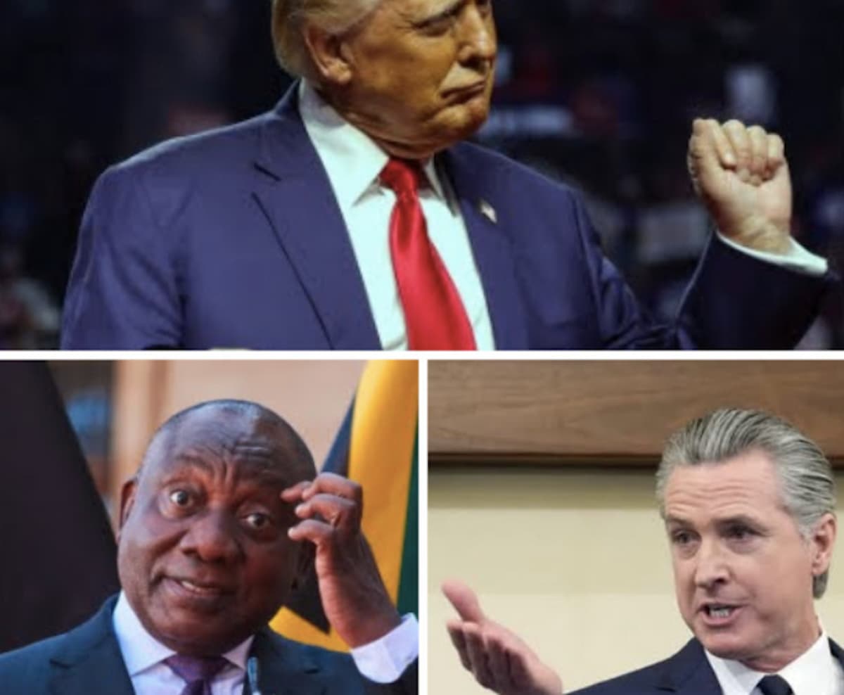 Customised image of the Donald Trump, Cyril Ramaphosa and Gavin Newsom. This image accompanies an article about Gavin Newsom scolding South Africa and other world leaders about Trump's behaviour