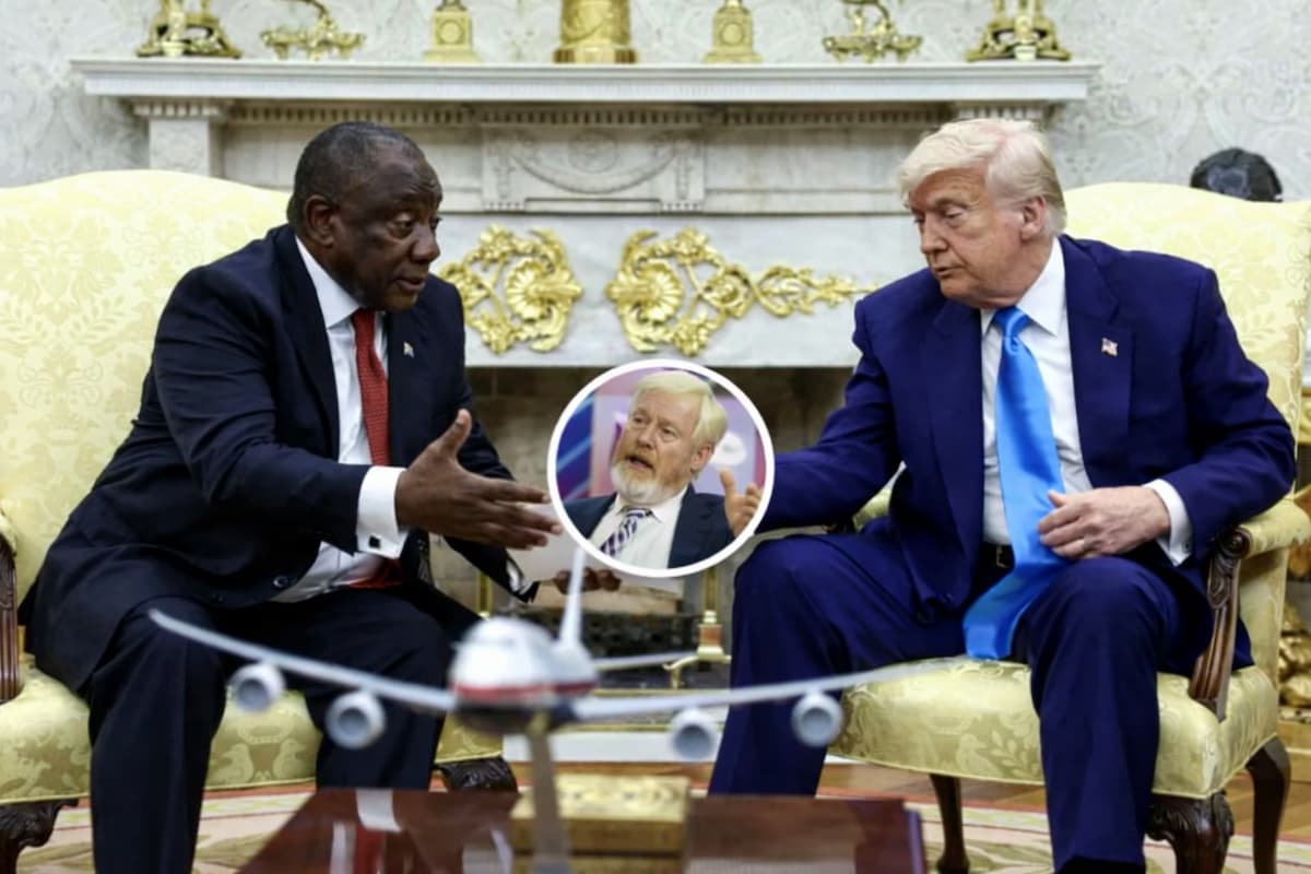 Image of Ramaphosa and Trump in the Oval Office, with a Leo Brent Bozell III image overlay between the two men. It accompanies an article about Bozell landing in South Africa