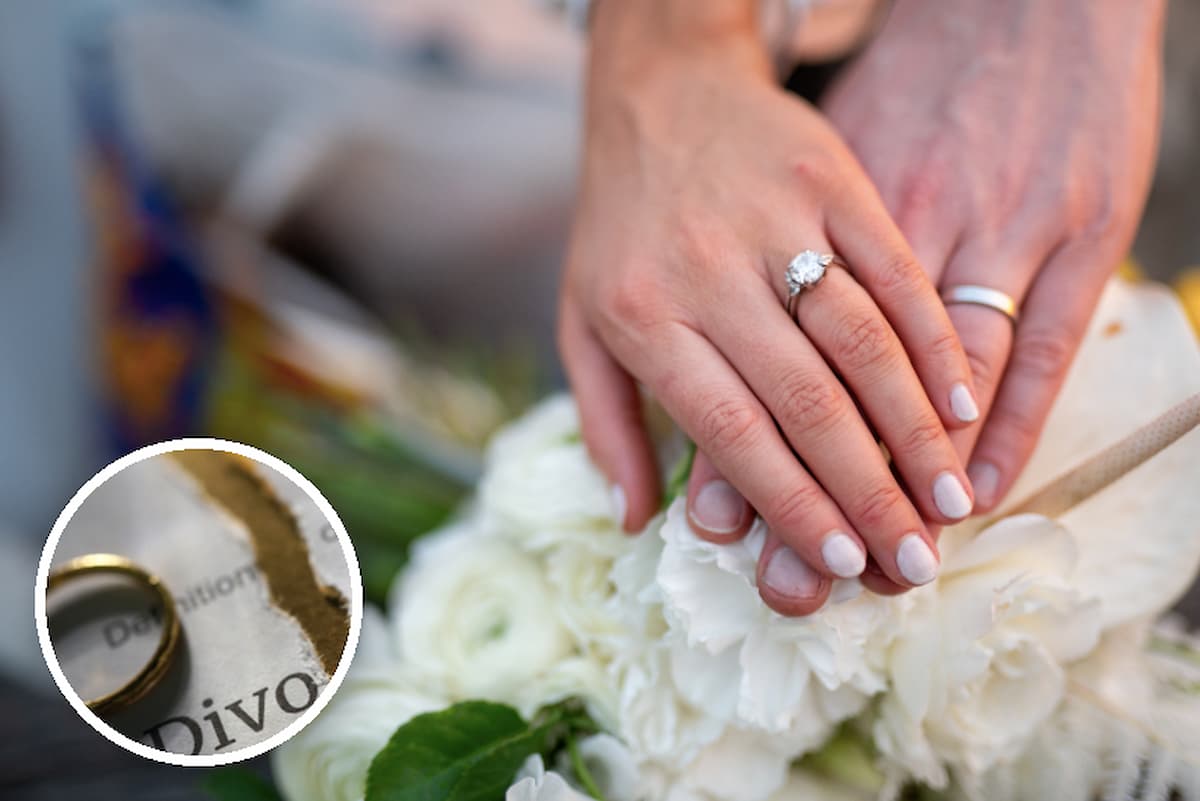 Customised image of a divorce document next to hands of a couple wearing wedding rings. This image accompanies an article about second marriages and divorces in South Africa