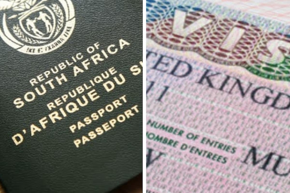 Customised image of a South African passport and UK visa. This image accompanies an article about UK visa price increases for South Africans and other countries