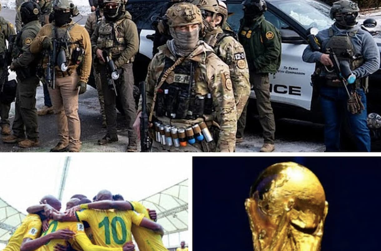 customised image of ICE agents, Bafana Bafana and the World Cup trophy. This image accompanies an article about ICE agents being deployed to US airports