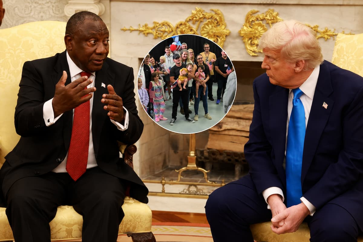 Customised image of Cyril Ramaphosa and Donald Trump, with Afrikaner refugees overlayed between them. This image accompanies an article titled 'United States set to boost financial assistance for Afrikaner 'refugees''