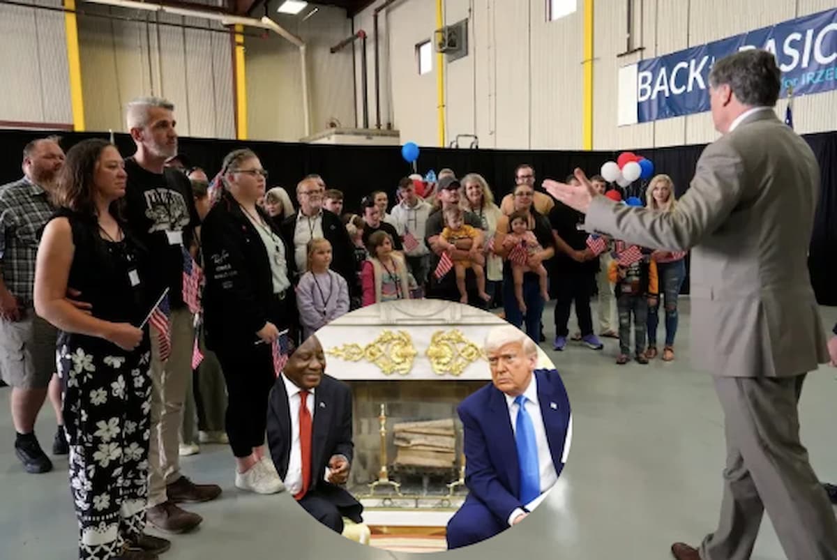 Just-landed Afrikaner 'refugees' in the US, in 2025; Presidents Cyril Ramaphosa and Donald Trump at the White House, in 2025. This image accompanies an article titled ''I cried like a baby': Afrikaner 'refugees' left stranded after United States rejections'