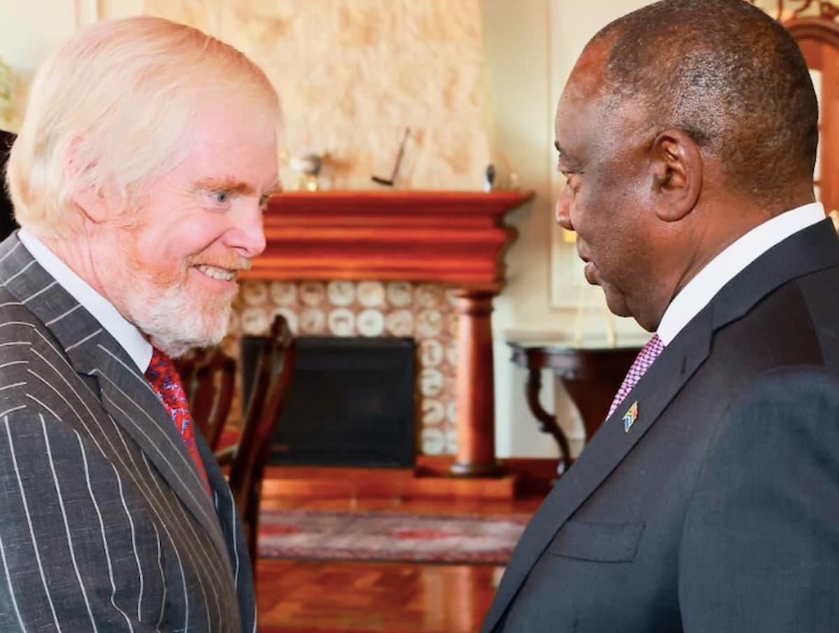 Leo Brent Bozell and President Cyril Ramaphosa, during a meeting on 27 August 2026 at Mahlamba Ndlopfu. This image accompanies an article titled 'US ambassador Bozell warns visa curbs on South Africa are 'only the first step''