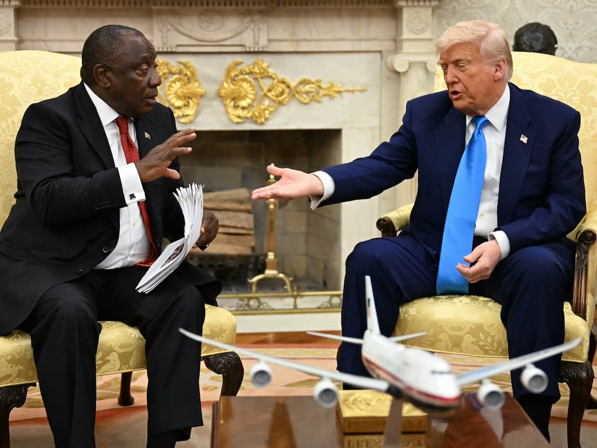 President Cyril Ramaphosa and US President Donald Trump in the White House on 21 May 2025. This image accompanies an article titled 'US visa crackdown on South Africa: Who could be hit by new Washington curbs?' by Marco Rubio