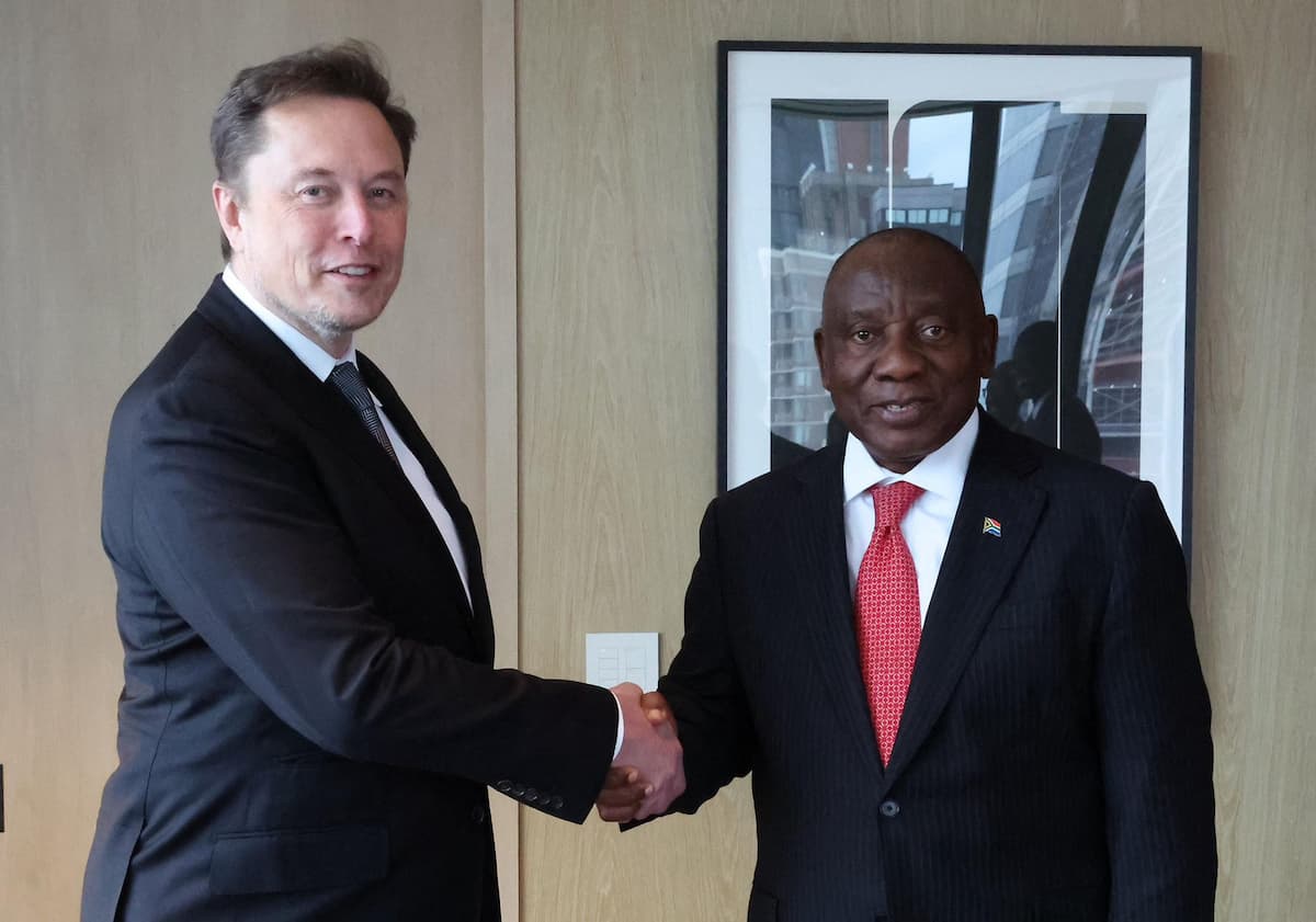 Elon Musk and President Cyril Ramaphosa, in New York in September 2024. This image accompanies an article titled 'Starlink deadlock: South Africa extends olive branch to Elon Musk'