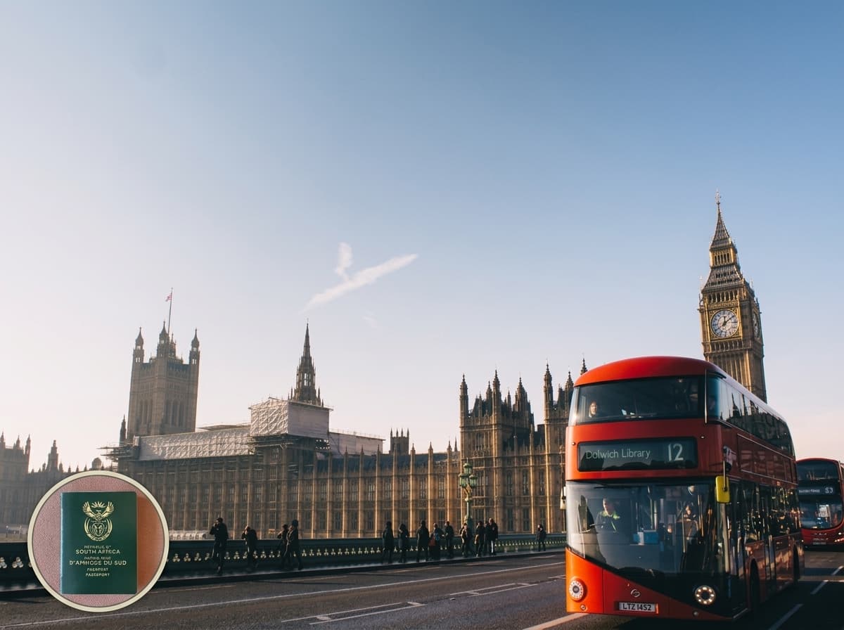 In overlay, SA passport; London, United Kingdom. This image accompanies an article titled 'UK introduces two-week bereavement leave: How it compares to SA’s three-day model'