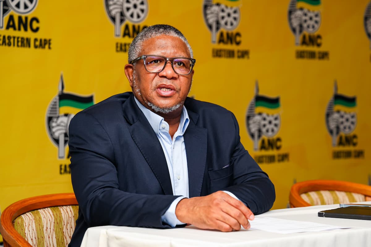ANC secretary-general Fikile Mbalula. This image accompanies an article titled 'WATCH: Fikile Mbalula nearly collapses after ANC ConCourt victory'