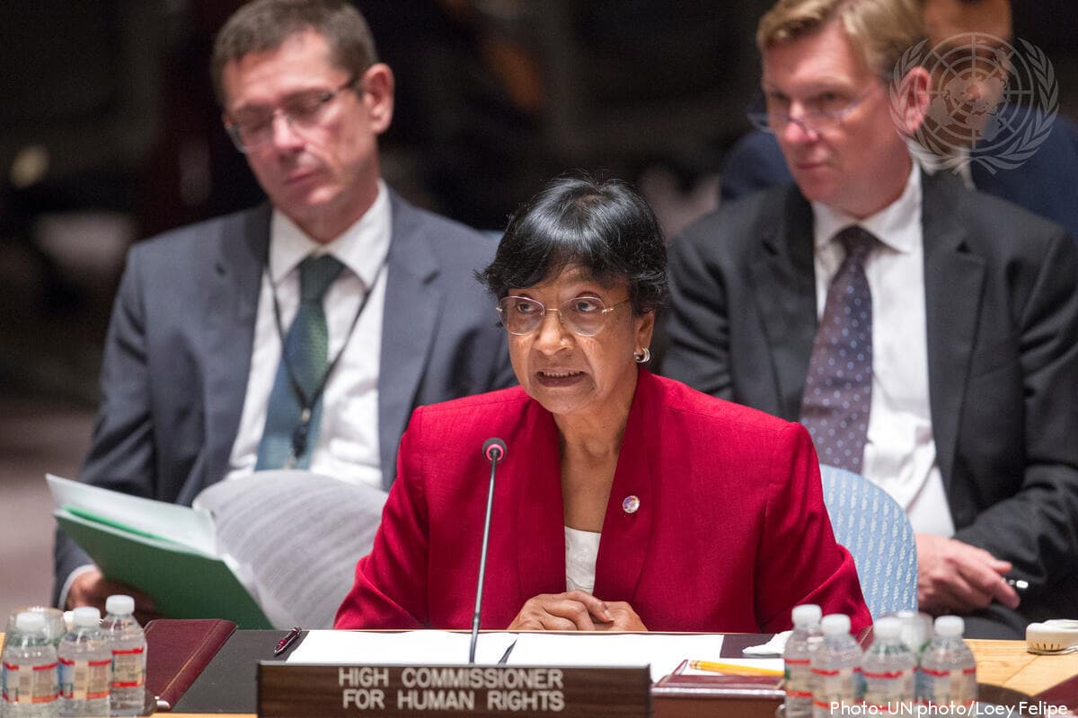 Navi Pillay, speaking to an audience inside a United Nations chamber. This image accompanies an article titled 'Massive cash award awaits South Africa's Navi Pillay after Nobel Peace Prize win'