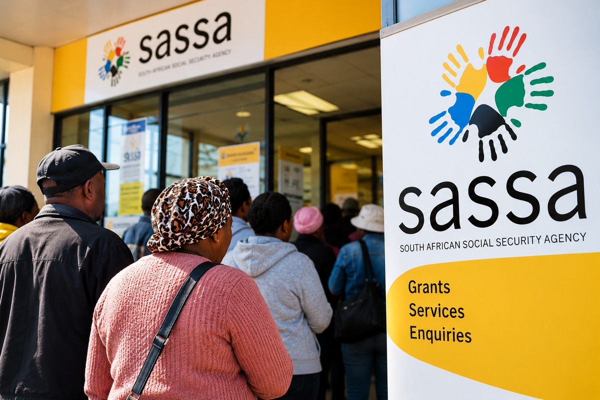 AI-generated illustration of beneficiaries queuing outside a SASSA office for social grant assistance.