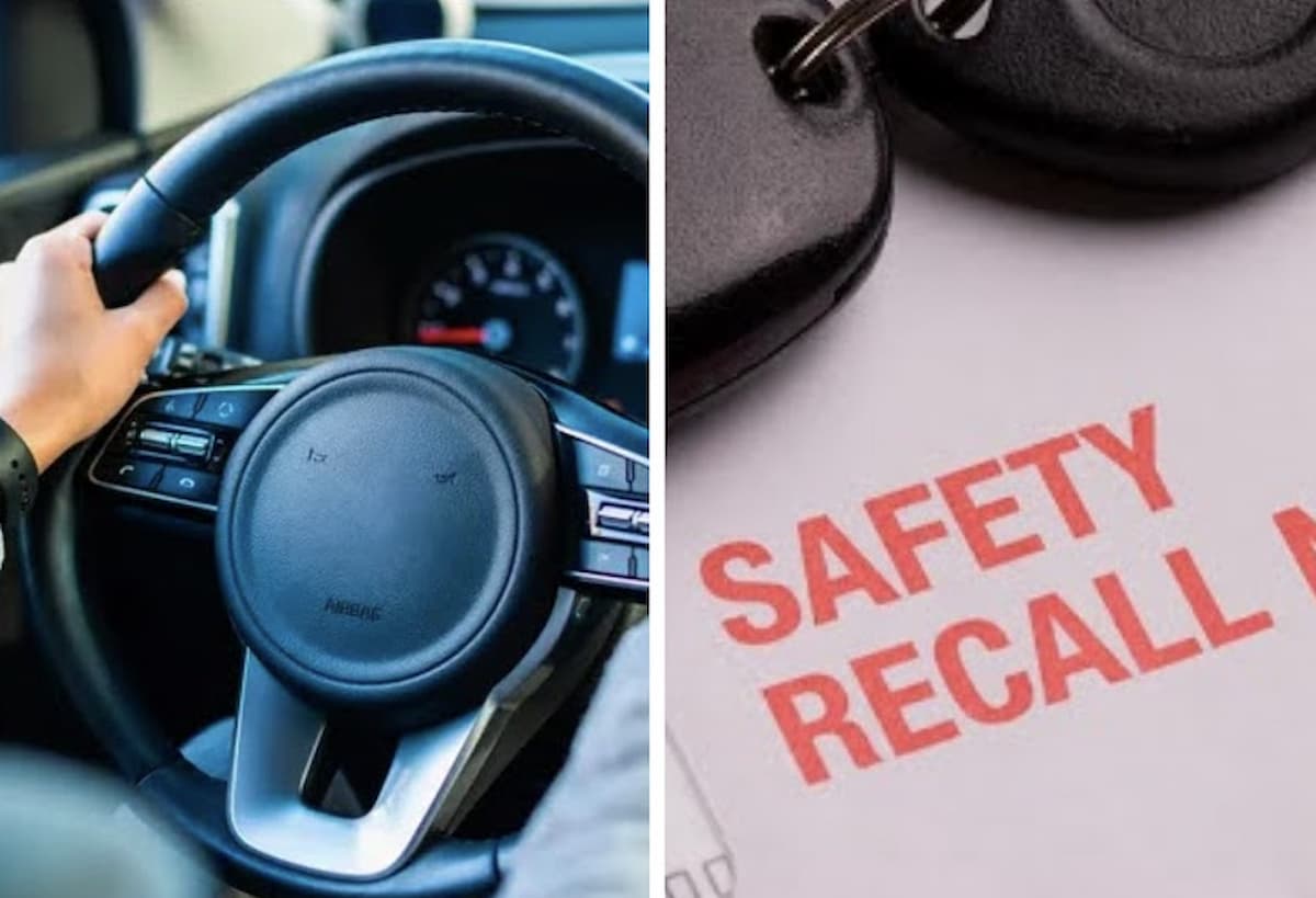 Customised image of a car steering wheel and safety recall sign. This image accompanies an article titled ' Volkswagen recalls high-selling Amarok bakkie over airbag danger'