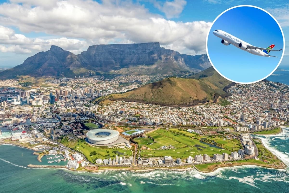 Customised image of Cape Town coastline and SAA airplane. This image accompanies an article titled 'Popular expat country surges 128% in travellers to South Africa' about tourists from New Zealand