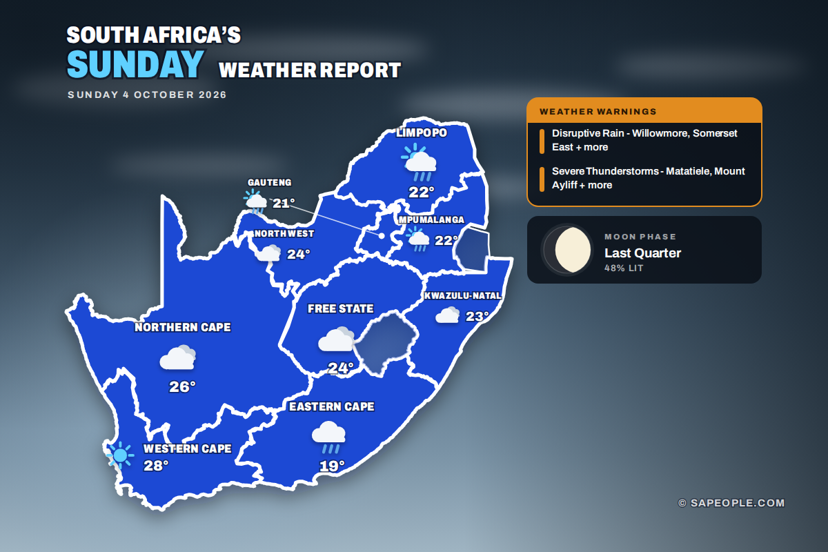South Africa daily weather map for Sunday 4 October 2026: conditions and temperatures per province