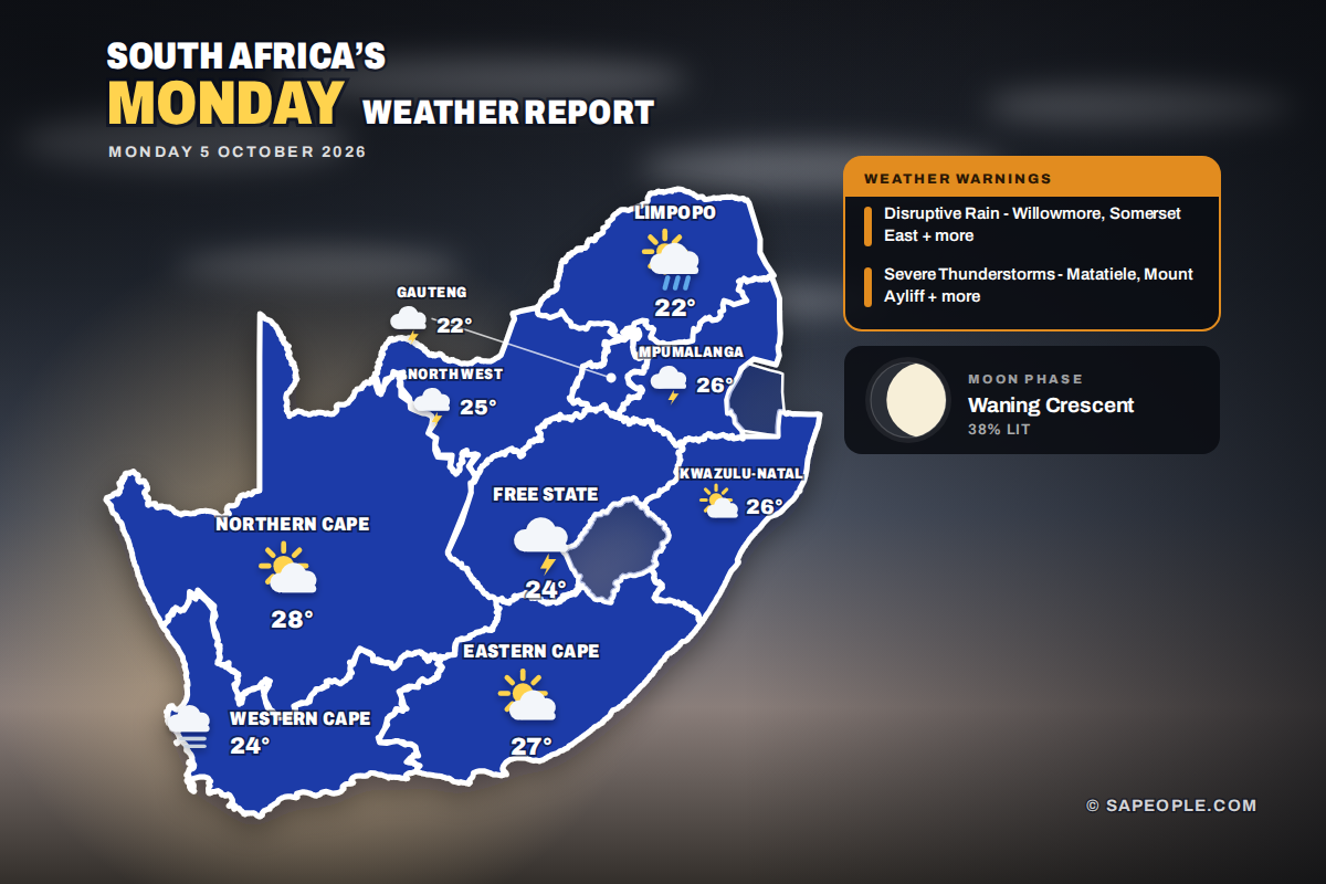 South Africa daily weather map for Monday 5 October 2026: conditions and temperatures per province