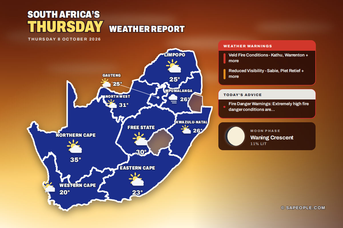 South Africa daily weather map for Thursday 8 October 2026: conditions and temperatures per province