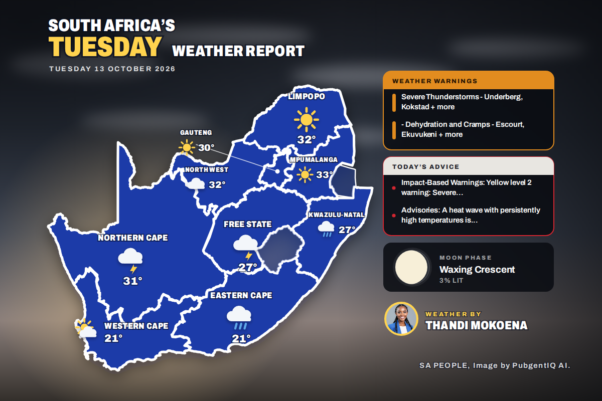 South Africa daily weather map for Tuesday 13 October 2026: conditions and temperatures per province