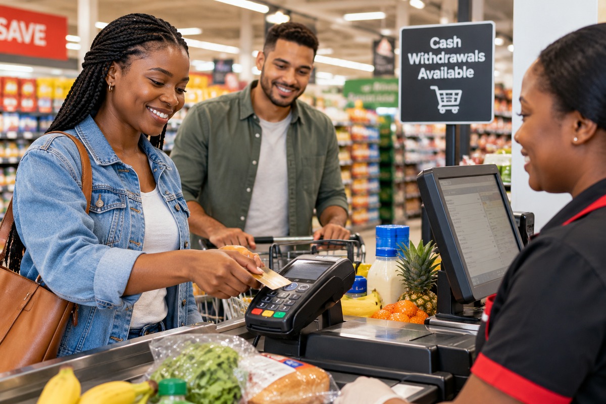 Customer using a card machine at a supermarket checkout offering cash withdrawals.